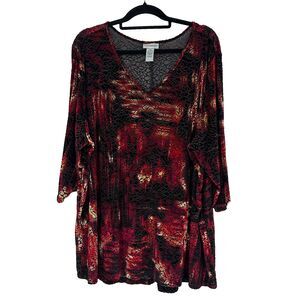 Catherines Womens Velvet Burnout Tunic Top Size 3X Dark Floral 3/4 Sleeve V Neck